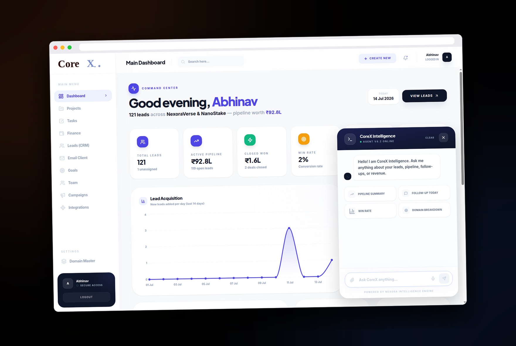 CoreX Intelligence AI agent panel answering business questions in real time