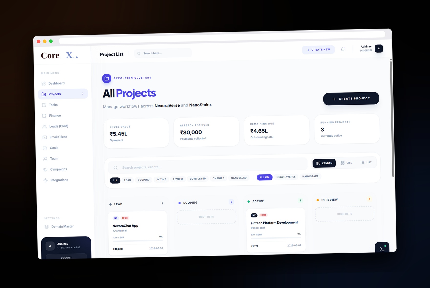 CoreX Projects Kanban board with payment tracking across active projects