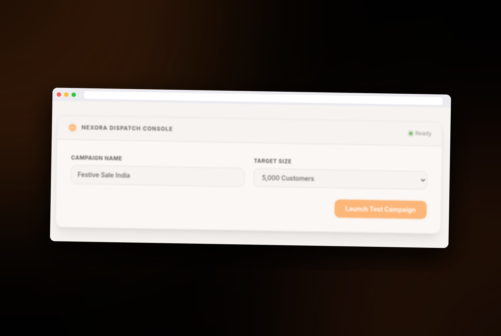 NexoraChat Dispatch Console showing a live test campaign with campaign name, target size, and delivery progress