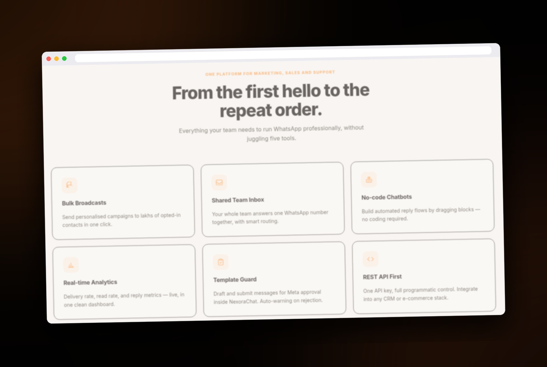 NexoraChat feature grid showing Bulk Broadcasts, Shared Team Inbox, No-code Chatbots, Real-time Analytics, Template Guard, and REST API First
