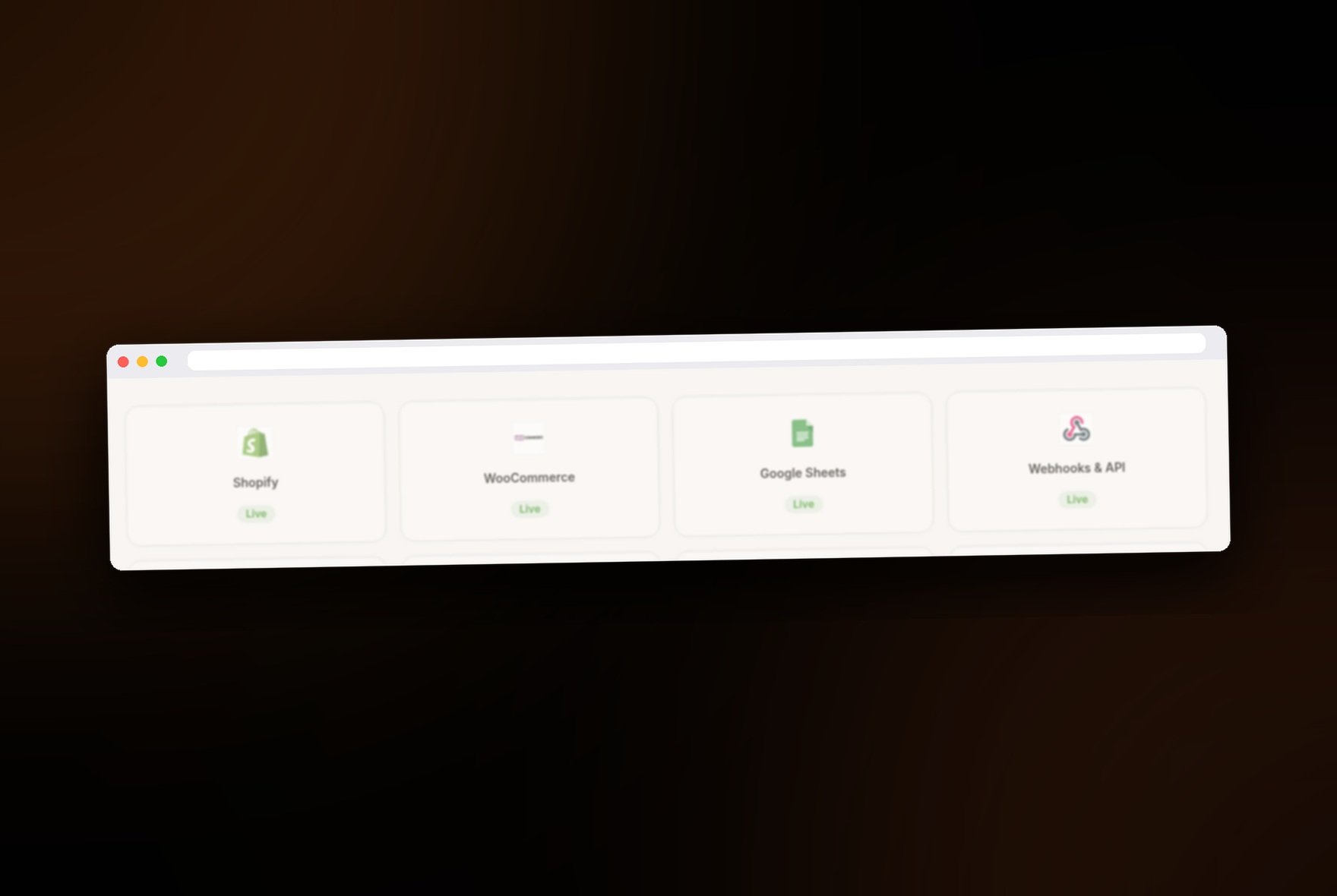 NexoraChat integrations grid showing Shopify, WooCommerce, Google Sheets, and Webhooks and API as live integrations